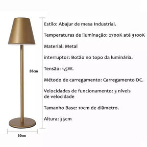 Luminária de Mesa LED Sem Fio Recarregável USB